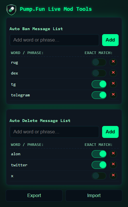 Pump.Fun Live Mod Tools Chrome Extension Screenshot